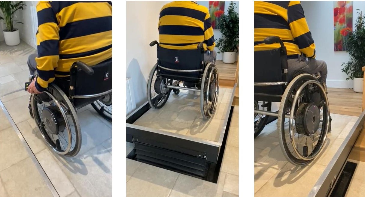 3 photos of an Invisible Step Lift by Oyster Mayfair in action